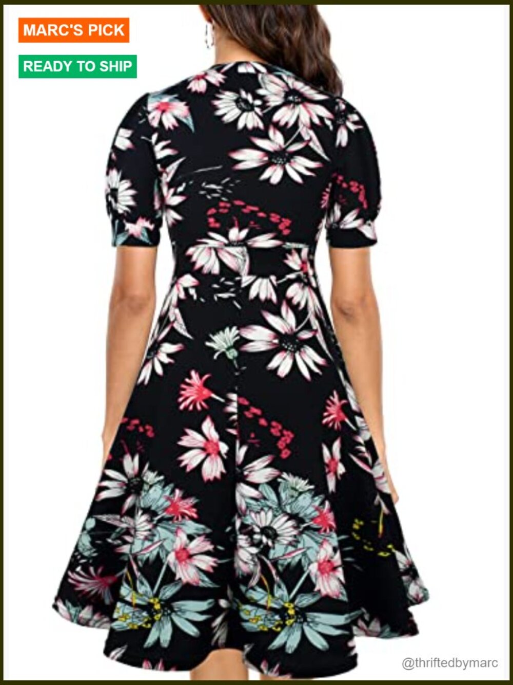 V-Neck Puff Sleeve Fit and Flare Dress with Pockets, Semi-Formal Midi Length - Picture 2 of 5
